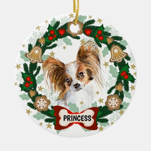 Papillion Dog Kerstmis Cute Dog Cookie Wreath Keramisch Ornament (Voorkant)