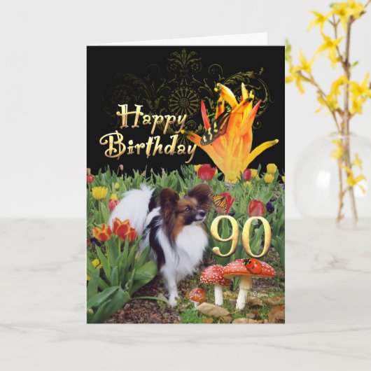 Papillion hond Happy 90 Verjaardagskaart Leeftijd Kaart (Gele Bloem)