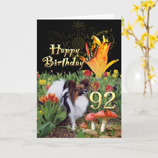 Papillion hond Happy 92 Verjaardagskaart Leeftijds Kaart (Gele Bloem)