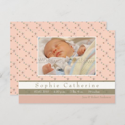 Papillion Roze/Groen · Geboorteaankondiging Aankondigingskaart (Voorkant / Achterkant)