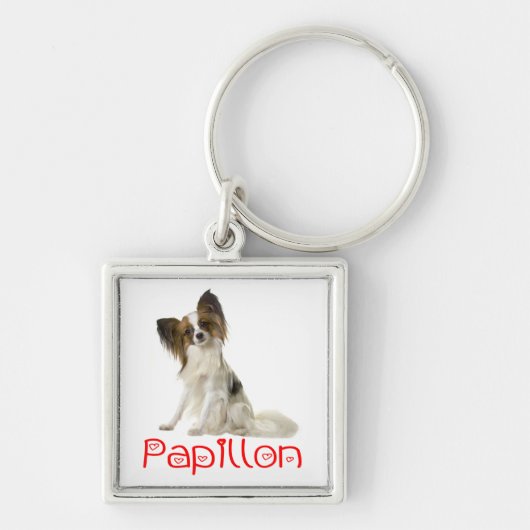 Papillon Brown and White Puppy Dog Red Love Sleutelhanger (Voorkant)