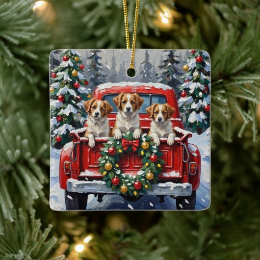 Papillon Christmas Red Truck Holiday Keramisch Ornament (Boom)