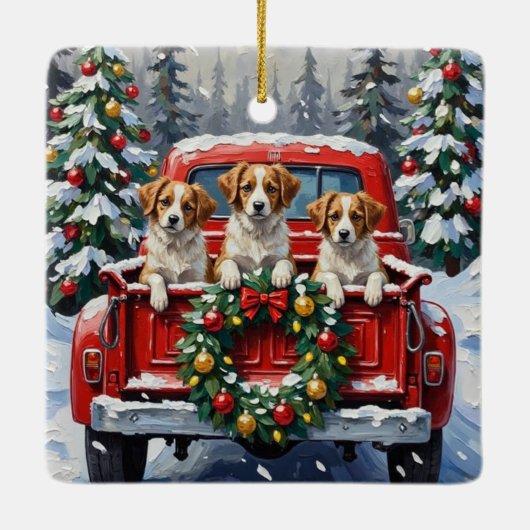Papillon Christmas Red Truck Holiday Keramisch Ornament (Achterkant)