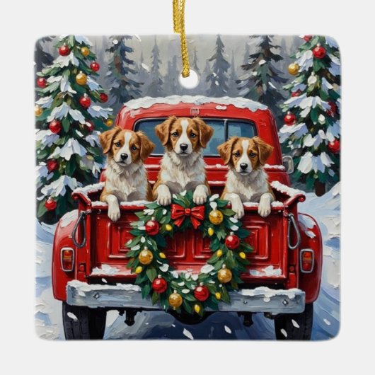 Papillon Christmas Red Truck Holiday Keramisch Ornament (Voorkant)