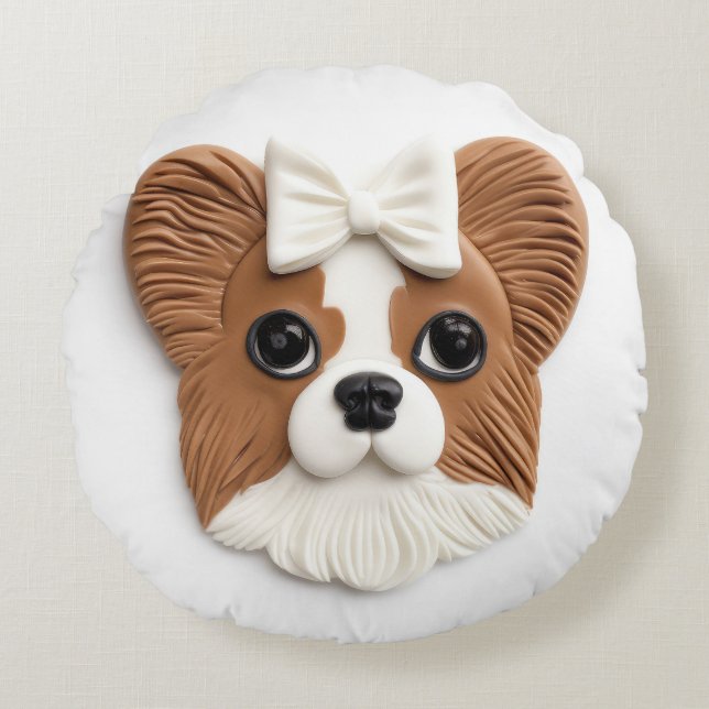 Papillon Dog 3D geïnspireerd Rond Kussen (Voorkant)