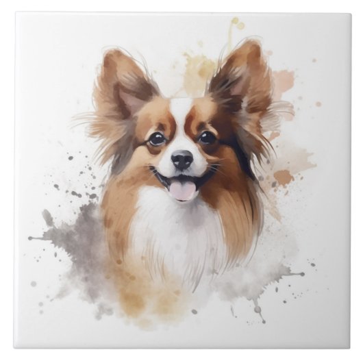 Papillon Dog Brown and White Waterverf Tegeltje (Voorkant)