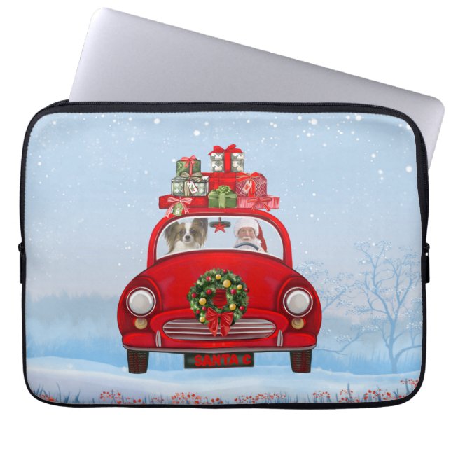 Papillon Dog in auto met kerstman Laptop Sleeve (Voorkant)