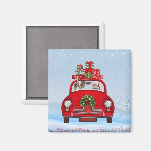 Papillon Dog in auto met kerstman Magneet (Voorkant / Achterkant)