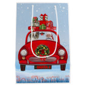 Papillon Dog in auto met kerstman Medium Cadeauzakje (Achterkant)