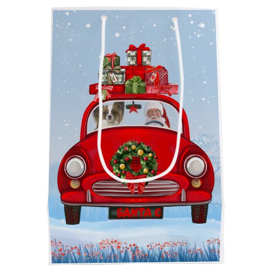 Papillon Dog in auto met kerstman Medium Cadeauzakje (Achterkant)