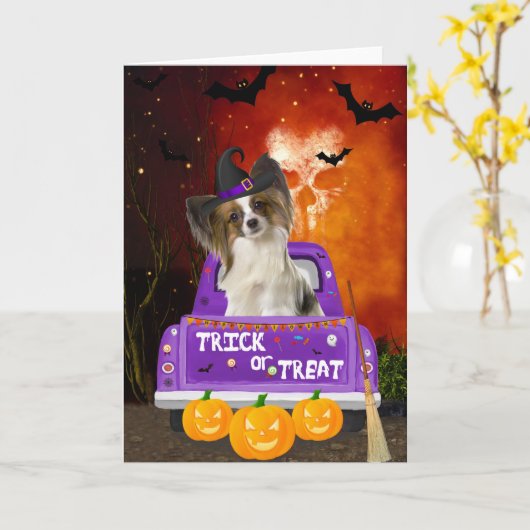 Papillon Dog in Halloween Truck Kaart (Gele Bloem)