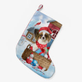 Papillon Dog in het sneeuwkersthondenhuis Kleine Kerstsok (Voorkant (Hangend))
