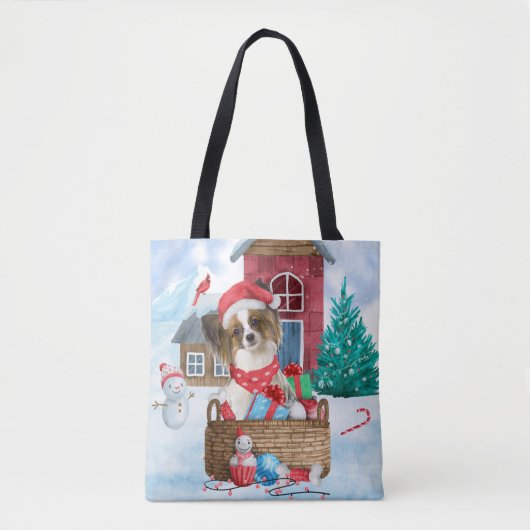 Papillon Dog in het sneeuwkersthondenhuis Tote Bag (Voorkant)