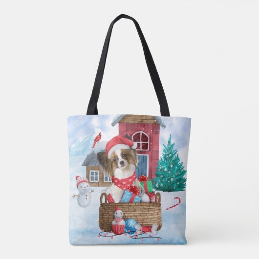Papillon Dog in het sneeuwkersthondenhuis Tote Bag (Achterkant)