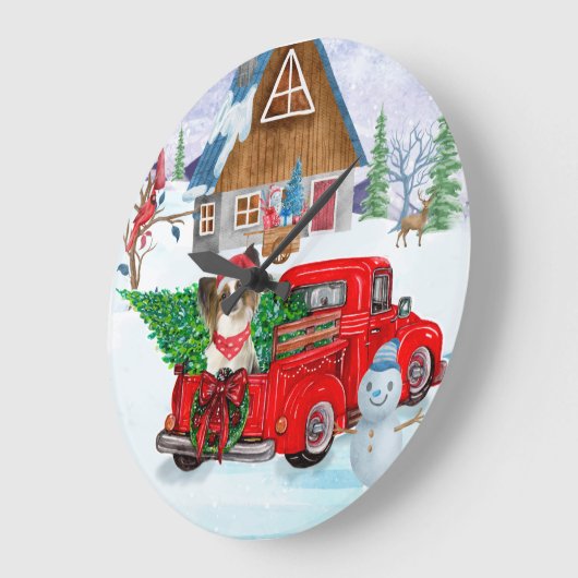 Papillon Dog in kerstcadeau, vrachtwagen sneeuw Grote Klok (Hoek)