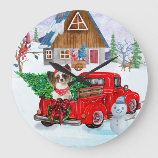 Papillon Dog in kerstcadeau, vrachtwagen sneeuw Grote Klok (Voorkant)