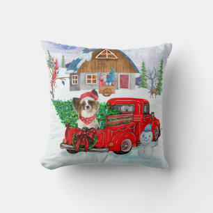 Papillon Dog in kerstcadeau, vrachtwagen sneeuw Kussen