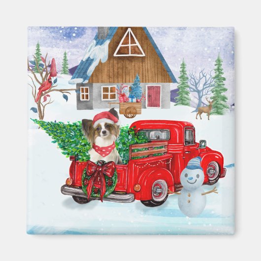 Papillon Dog in kerstcadeau, vrachtwagen sneeuw Magneet (Voorkant)