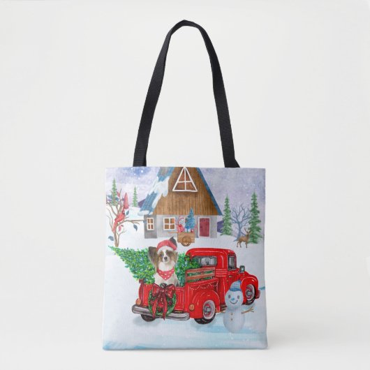 Papillon Dog in kerstcadeau, vrachtwagen sneeuw Tote Bag (Voorkant)