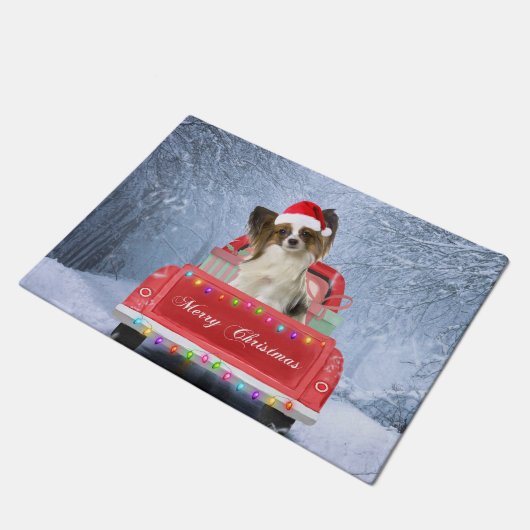 Papillon Dog in sneeuw, met kerstmis Deurmat (Schuin)
