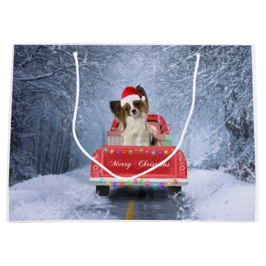 Papillon Dog in sneeuw, met kerstmis Groot Cadeauzakje (Voorkant)
