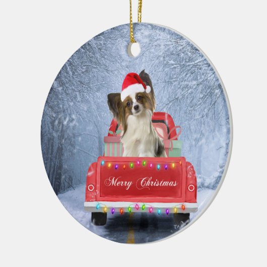 Papillon Dog in sneeuw, met kerstmis Keramisch Ornament (Links)