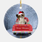 Papillon Dog in sneeuw, met kerstmis Keramisch Ornament (Achterkant)
