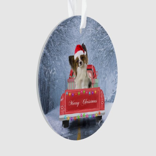 Papillon Dog in sneeuw, met kerstmis Ornament (voorkant)