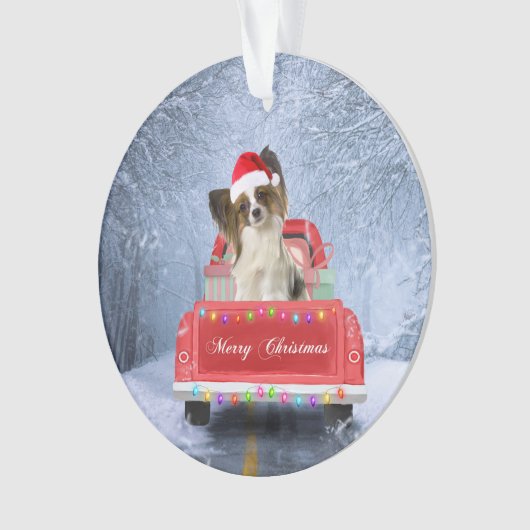 Papillon Dog in sneeuw, met kerstmis Ornament (voorkant)