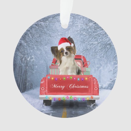Papillon Dog in sneeuw, met kerstmis Ornament (voorkant)