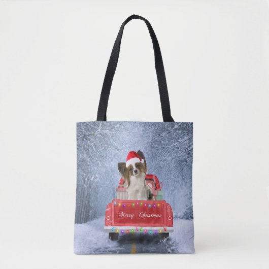 Papillon Dog in sneeuw, met kerstmis Tote Bag (Voorkant)