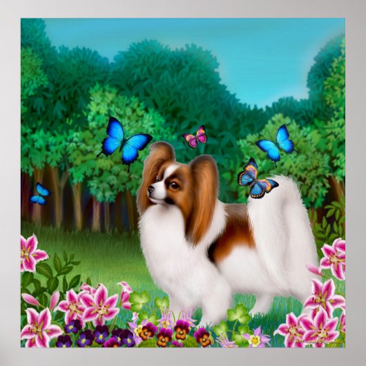 Papillon Dog in tuinafdrukken Poster (Voorkant)