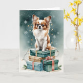Papillon Dog Kerstgroet Kaart (Gele Bloem)