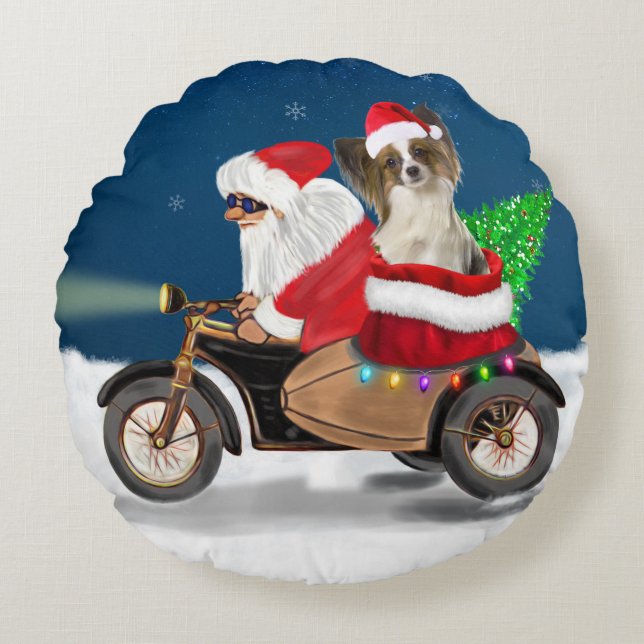 Papillon Dog kerstkerstkerstman Rond Kussen (Voorkant)