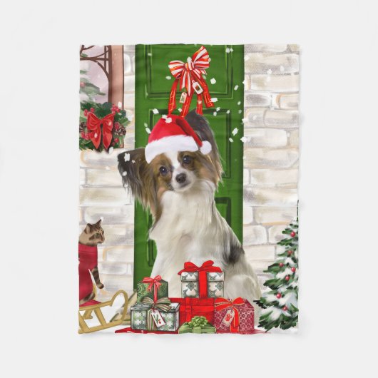 Papillon Dog Kerstmis Fleece Deken (Voorkant)