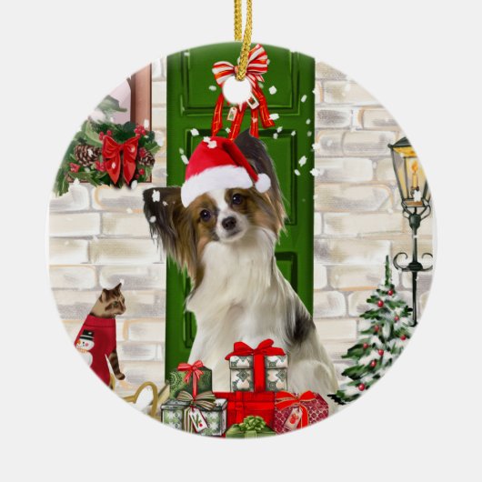 Papillon Dog Kerstmis Keramisch Ornament (Voorkant)