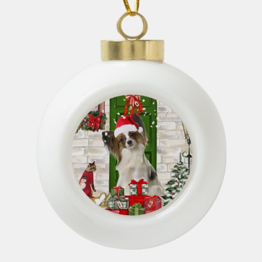 Papillon Dog Kerstmis Keramische Bal Ornament (Voorkant)