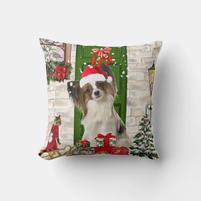 Papillon Dog Kerstmis Kussen (Voorkant)