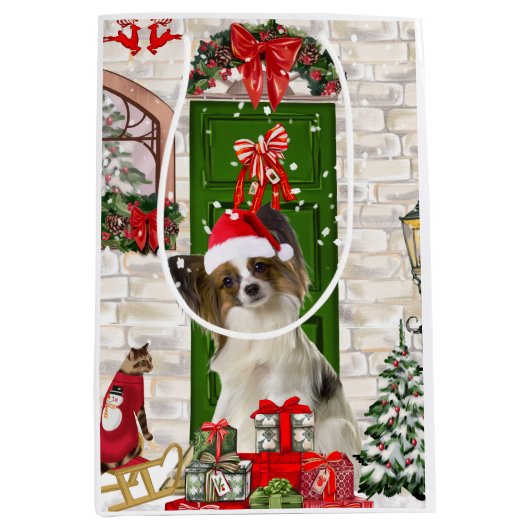 Papillon Dog Kerstmis Medium Cadeauzakje (Voorkant)