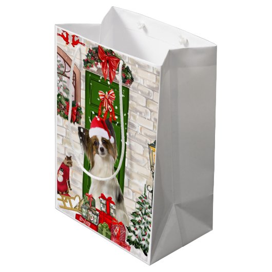 Papillon Dog Kerstmis Medium Cadeauzakje (Achterkant Gekanteld)