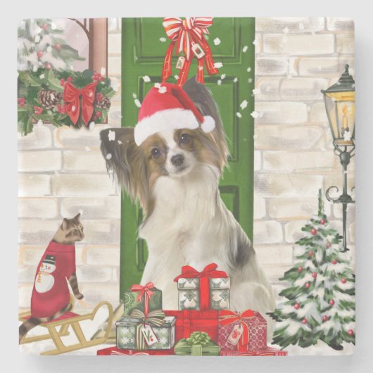 Papillon Dog Kerstmis Stenen Onderzetter (Voorkant)