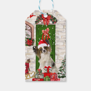 Papillon Dog Label met kerstcadeaus Cadeaulabel