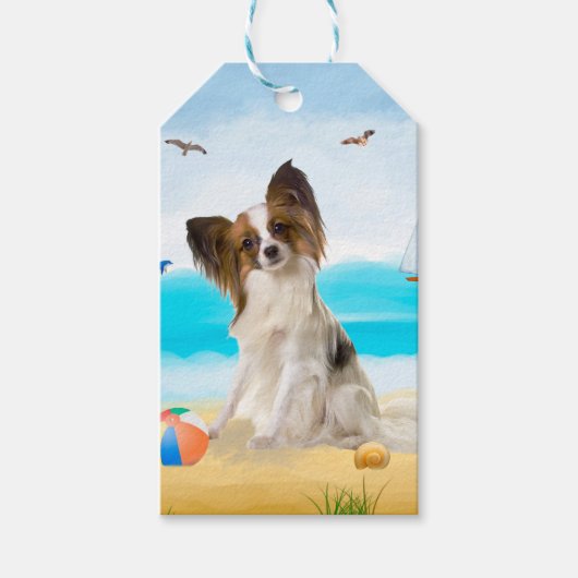 Papillon Dog op strand Cadeaulabel (Voorkant)