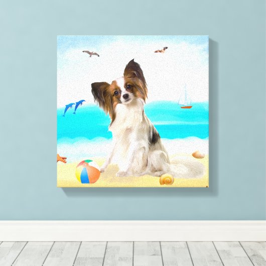 Papillon Dog op strand Canvas Afdruk (Insitu (Houten vloer))