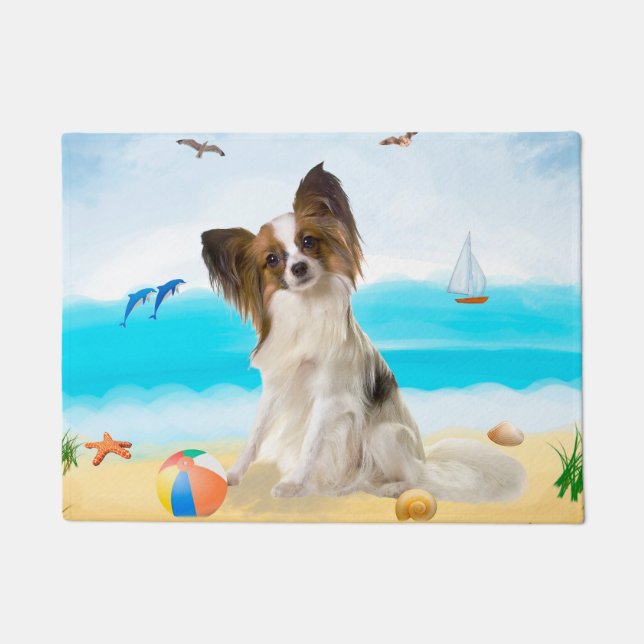 Papillon Dog op strand Deurmat (Voorkant)