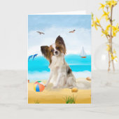 Papillon Dog op strand  Kaart (Gele Bloem)