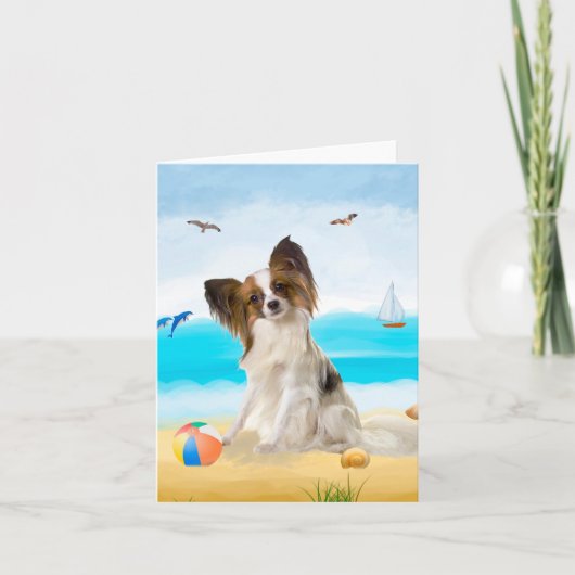 Papillon Dog op strand Kaart (Voorkant)