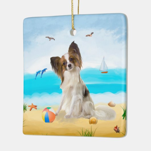 Papillon Dog op strand Keramisch Ornament (Links)