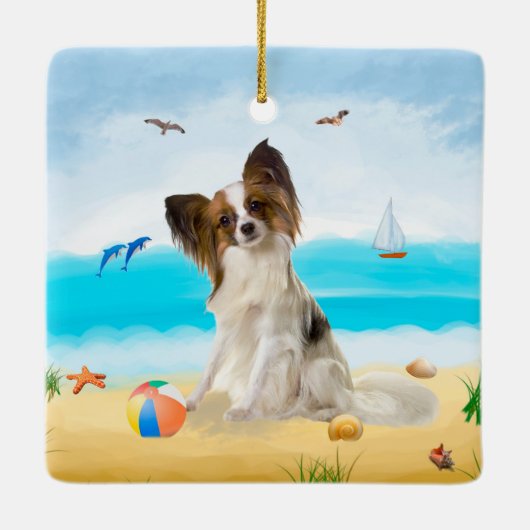 Papillon Dog op strand Keramisch Ornament (Achterkant)