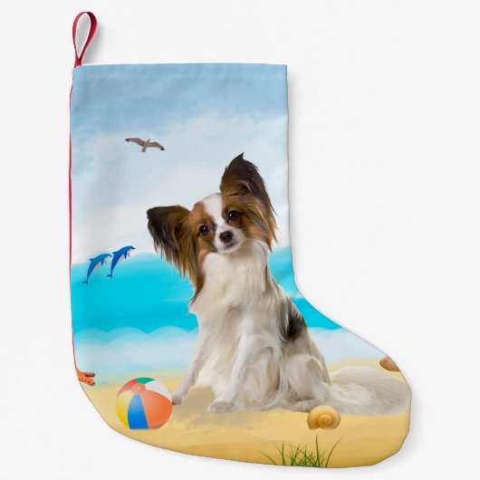 Papillon Dog op strand Kleine Kerstsok (Voorkant)